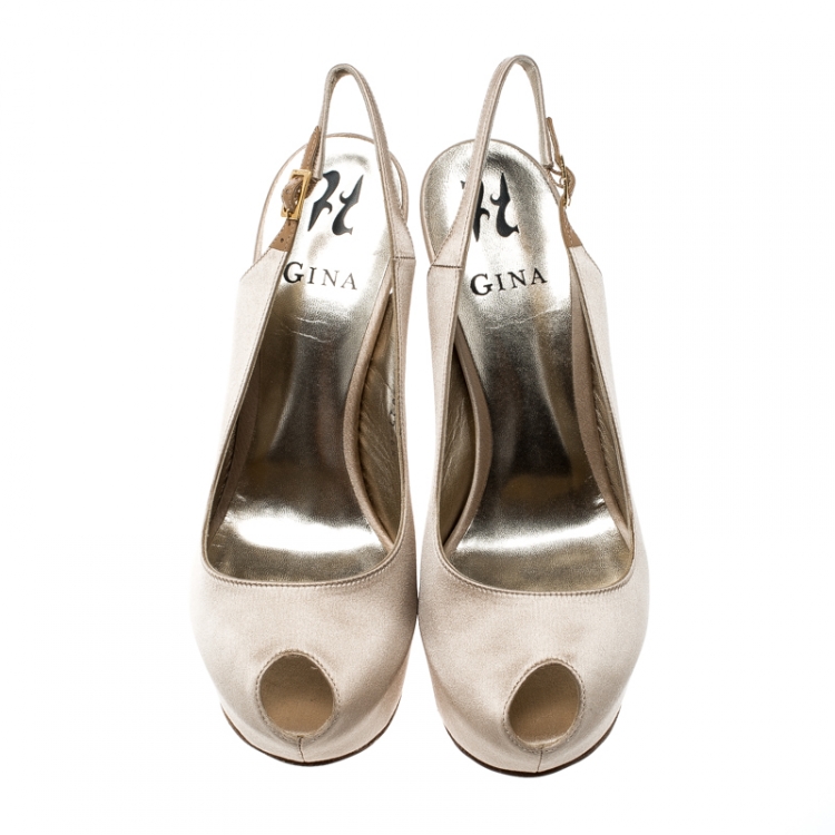 Pre Owned Gina Beige Satin Crystal Embellished Heel Peep Toe Slingback Sandals Size 39.5