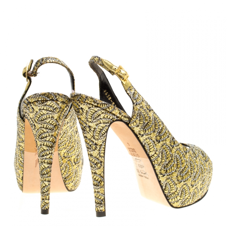 Pre Owned Gina Metallic Gold Glitter Peep Toe Platform Slingback Sandals Size 37