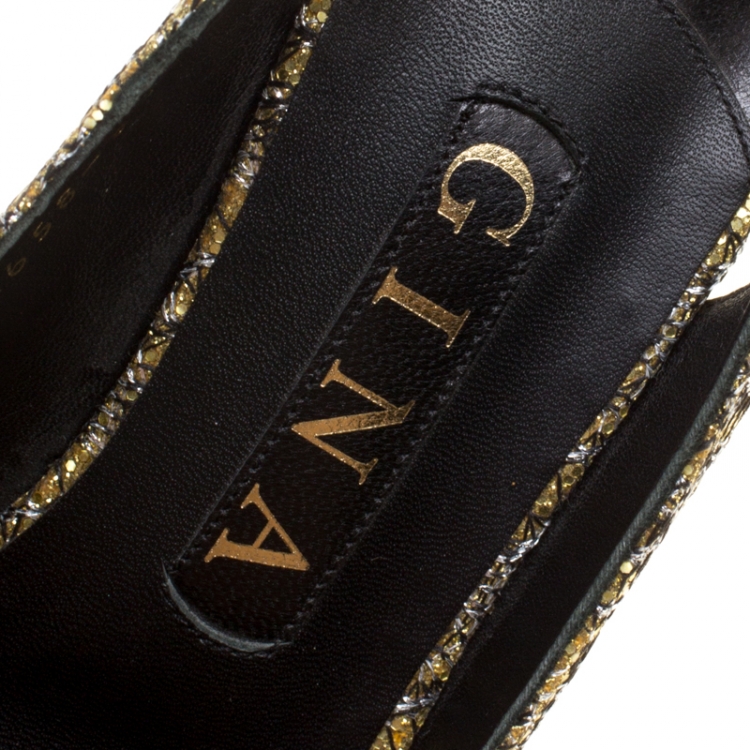 Pre Owned Gina Metallic Gold Glitter Peep Toe Platform Slingback Sandals Size 37