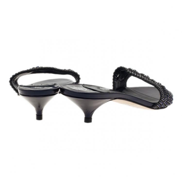 Pre Owned Gina Blue Crystal Kitten Heel Slides Size 38