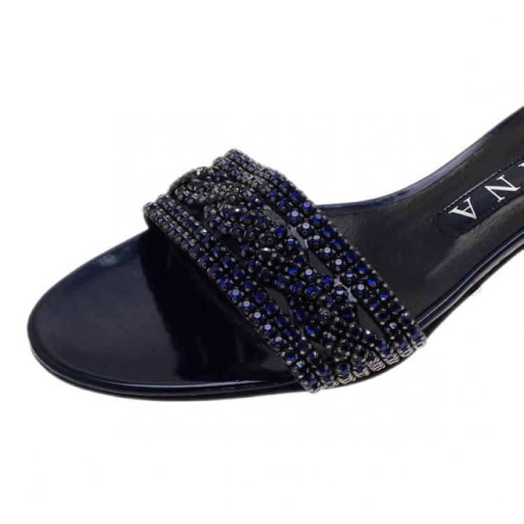 Pre Owned Gina Blue Crystal Kitten Heel Slides Size 38