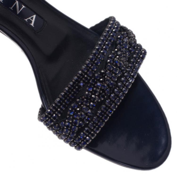 Pre Owned Gina Blue Crystal Kitten Heel Slides Size 38