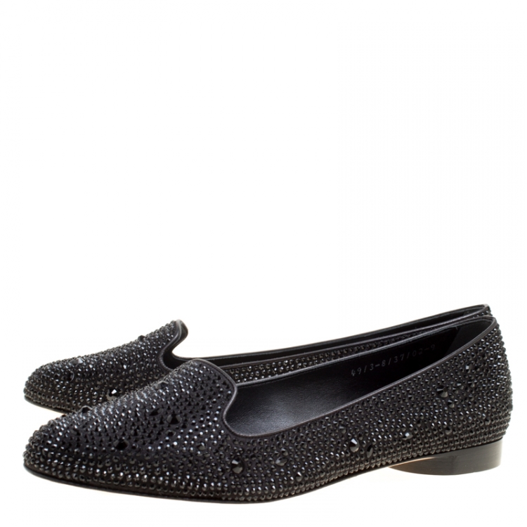 Pre Owned Gina Black Crystal Embellished Satin Smoking Slippers Size 42