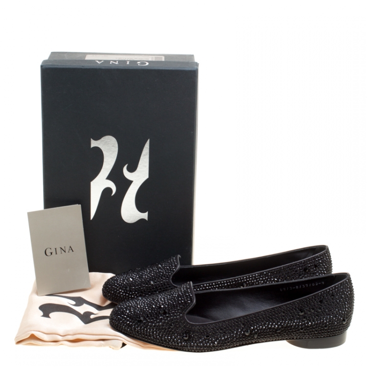 Pre Owned Gina Black Crystal Embellished Satin Smoking Slippers Size 42