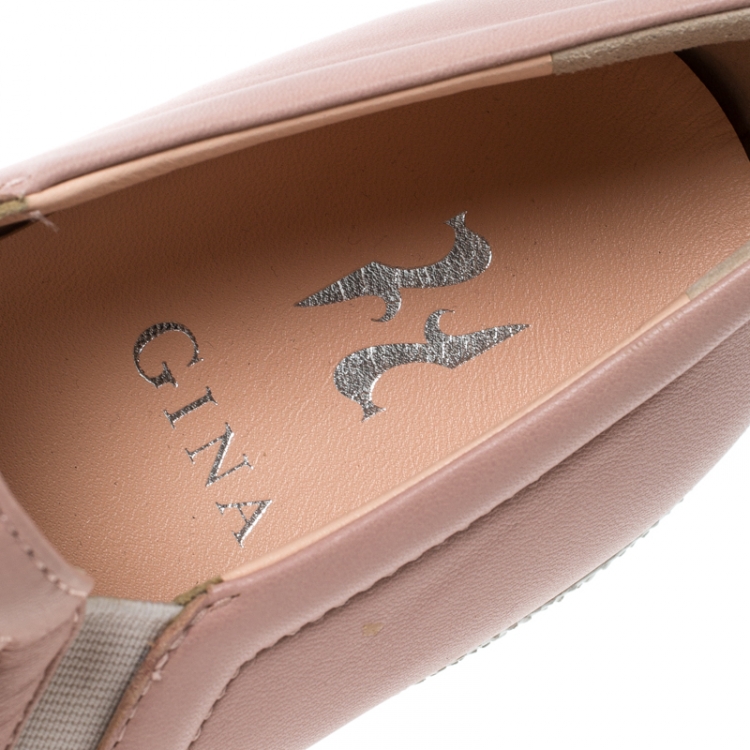 Pre Owned Gina Pink Leather and Crystal Embellished Satin Gioia Slip On Skate Sneakers Size 39