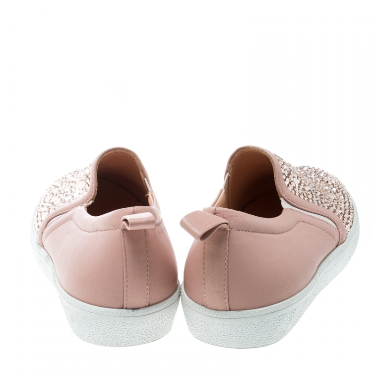 Pre Owned Gina Pink Leather and Crystal Embellished Satin Gioia Slip On Skate Sneakers Size 39