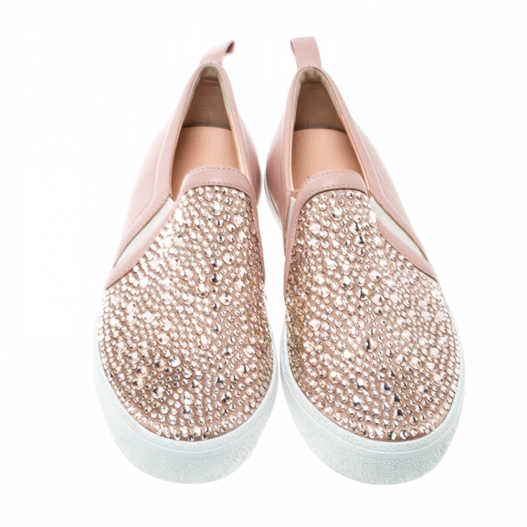 Pre Owned Gina Pink Leather and Crystal Embellished Satin Gioia Slip On Skate Sneakers Size 39