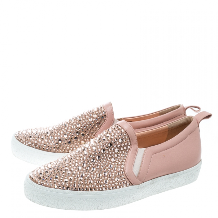 Pre Owned Gina Pink Leather and Crystal Embellished Satin Gioia Slip On Skate Sneakers Size 39