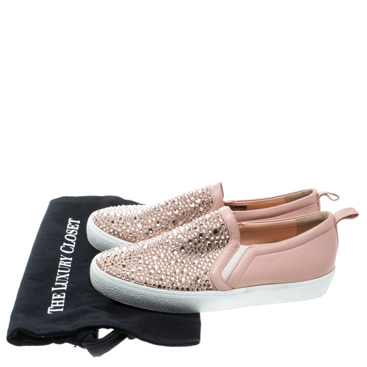 Pre Owned Gina Pink Leather and Crystal Embellished Satin Gioia Slip On Skate Sneakers Size 39