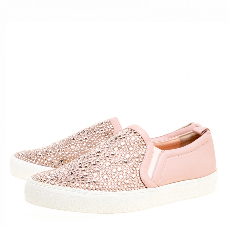 Pre Owned Gina Pink Leather and Crystal Embellished Satin Gioia Slip On Skate Sneakers Size 42