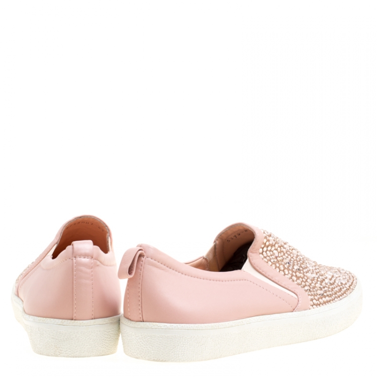 Pre Owned Gina Pink Leather and Crystal Embellished Satin Gioia Slip On Skate Sneakers Size 42