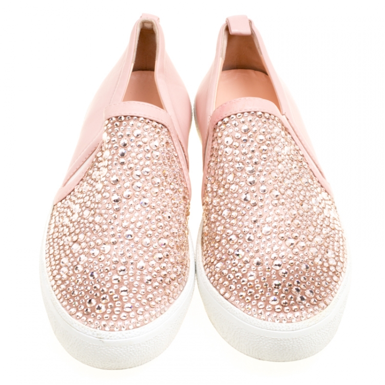 Pre Owned Gina Pink Leather and Crystal Embellished Satin Gioia Slip On Skate Sneakers Size 42