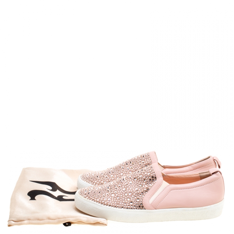 Pre Owned Gina Pink Leather and Crystal Embellished Satin Gioia Slip On Skate Sneakers Size 42