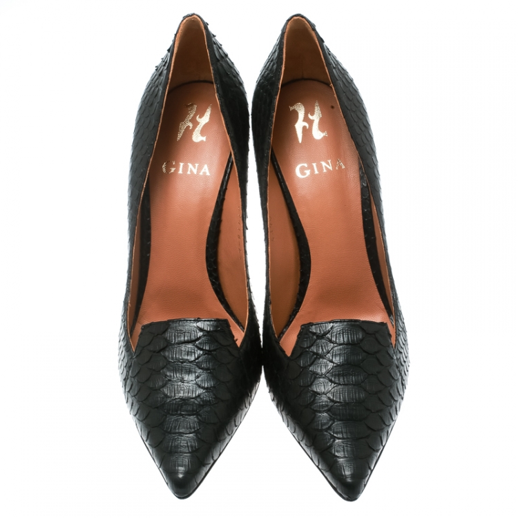 Pre Owned Gina Black Python Leather Pointed Toe Pumps Size 39.5