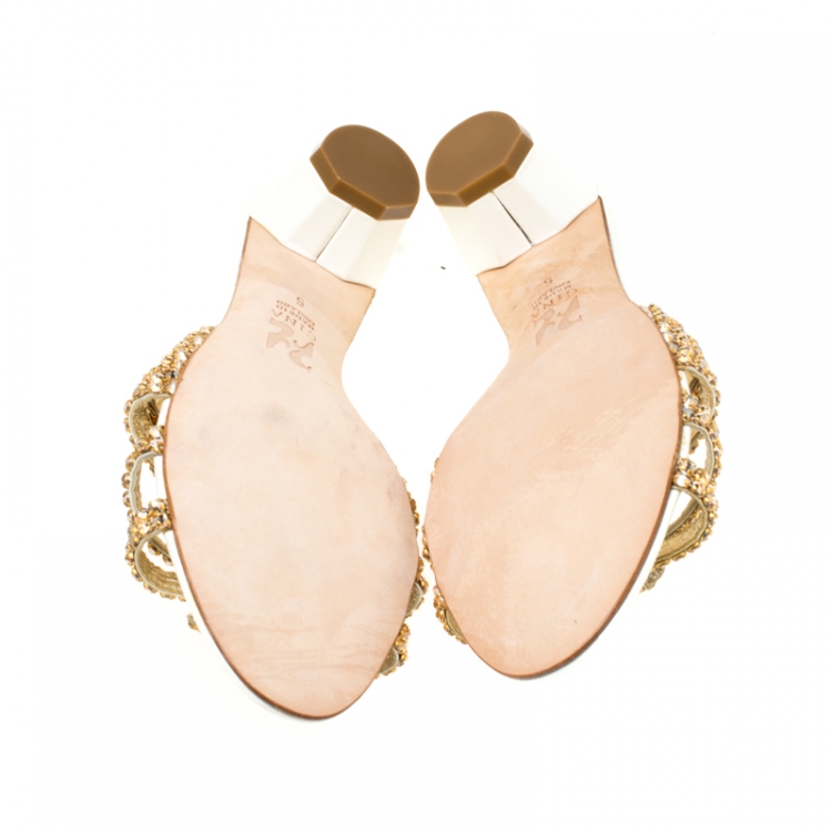 Pre Owned Gina White Patent Leather Crystal Embellished Slides Size 38