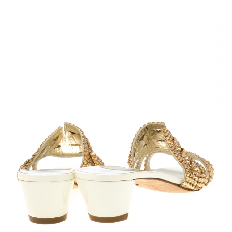 Pre Owned Gina White Patent Leather Crystal Embellished Slides Size 38