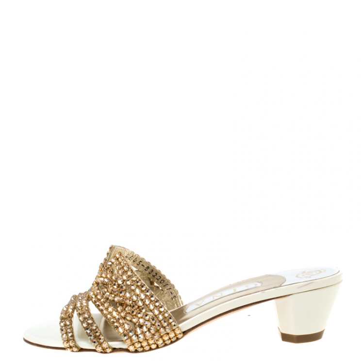 Pre Owned Gina White Patent Leather Crystal Embellished Slides Size 38