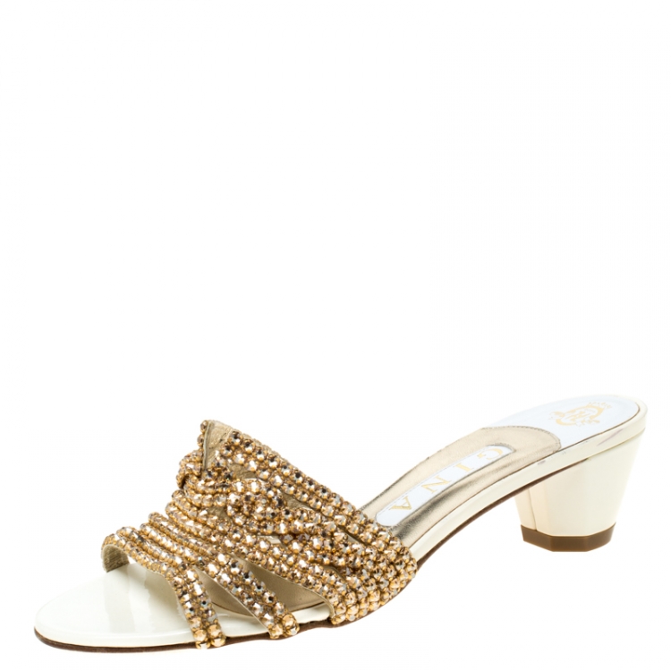 Pre Owned Gina White Patent Leather Crystal Embellished Slides Size 38