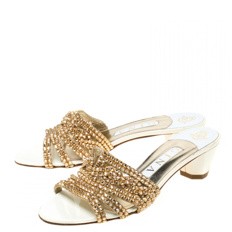 Pre Owned Gina White Patent Leather Crystal Embellished Slides Size 38