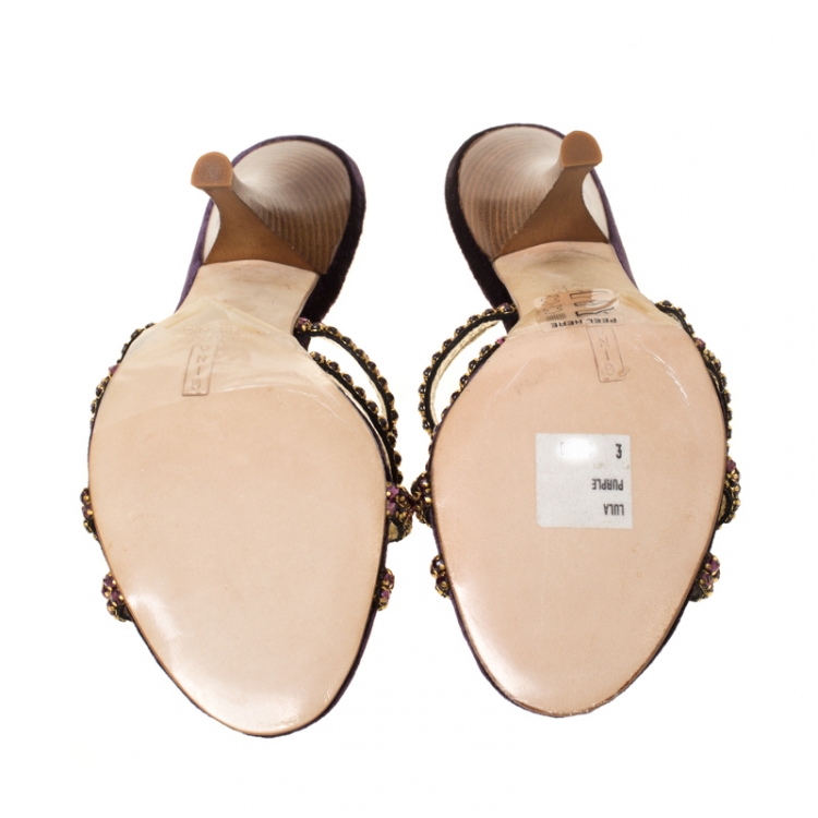 Pre Owned Gina Purple Crystal Embellished Cross Strap Slides Size 37.5