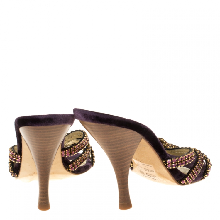 Pre Owned Gina Purple Crystal Embellished Cross Strap Slides Size 37.5