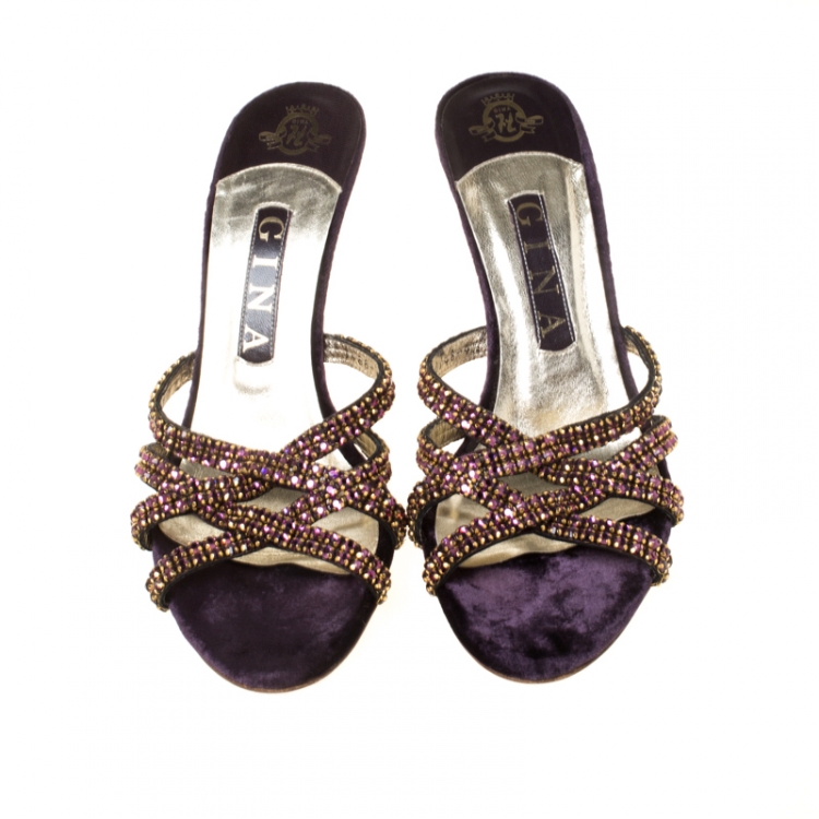 Pre Owned Gina Purple Crystal Embellished Cross Strap Slides Size 37.5