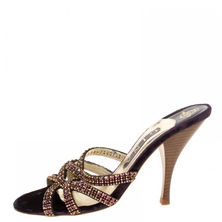 Pre Owned Gina Purple Crystal Embellished Cross Strap Slides Size 37.5