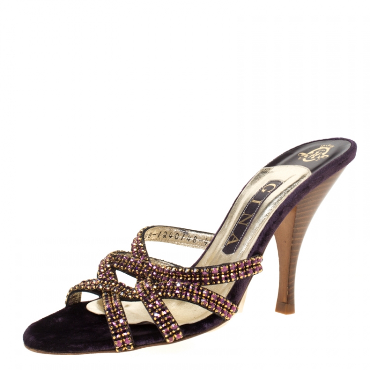 Pre Owned Gina Purple Crystal Embellished Cross Strap Slides Size 37.5