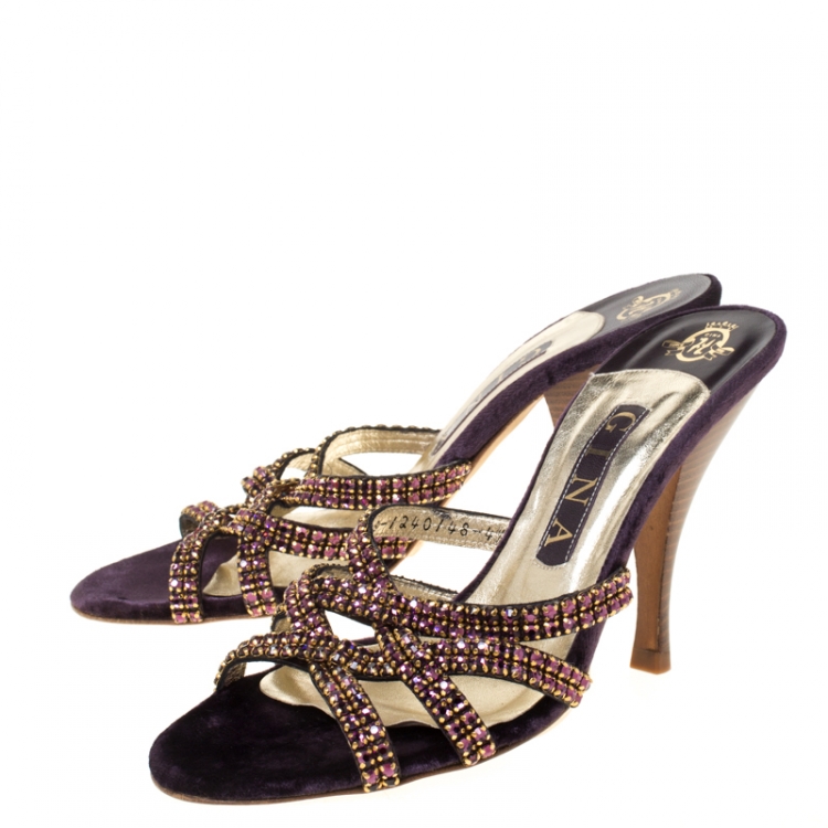 Pre Owned Gina Purple Crystal Embellished Cross Strap Slides Size 37.5