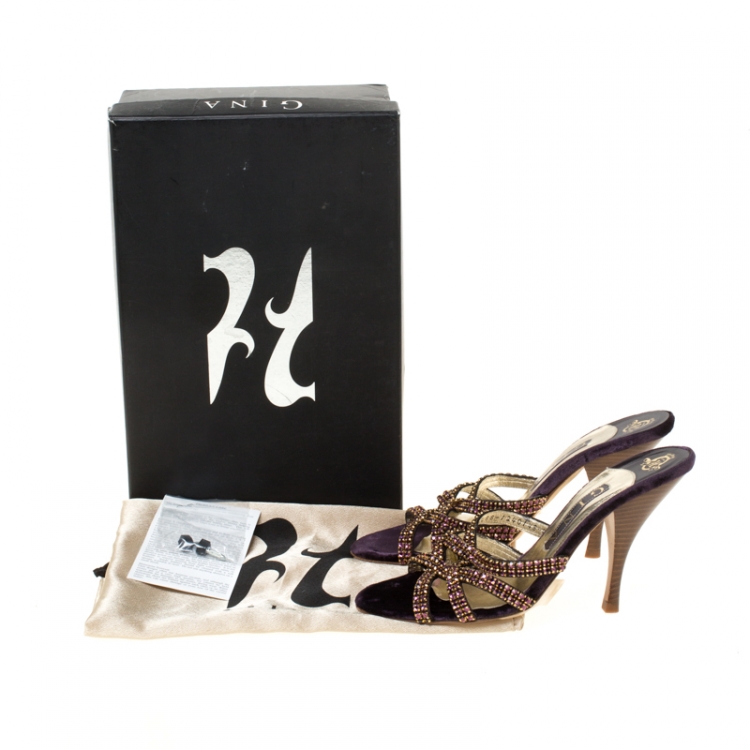 Pre Owned Gina Purple Crystal Embellished Cross Strap Slides Size 37.5