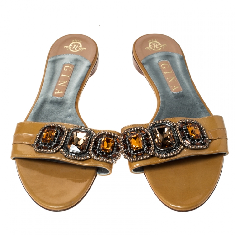 Pre Owned Gina Yellow Patent Leather Crystal Embellished Slip On Flat Sandals Size 41