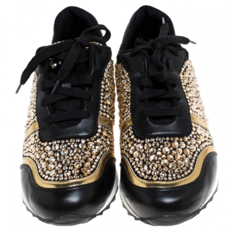 Pre Owned Gina Black Leather/Satin Luminosa Swarovski Sneakers Size 41