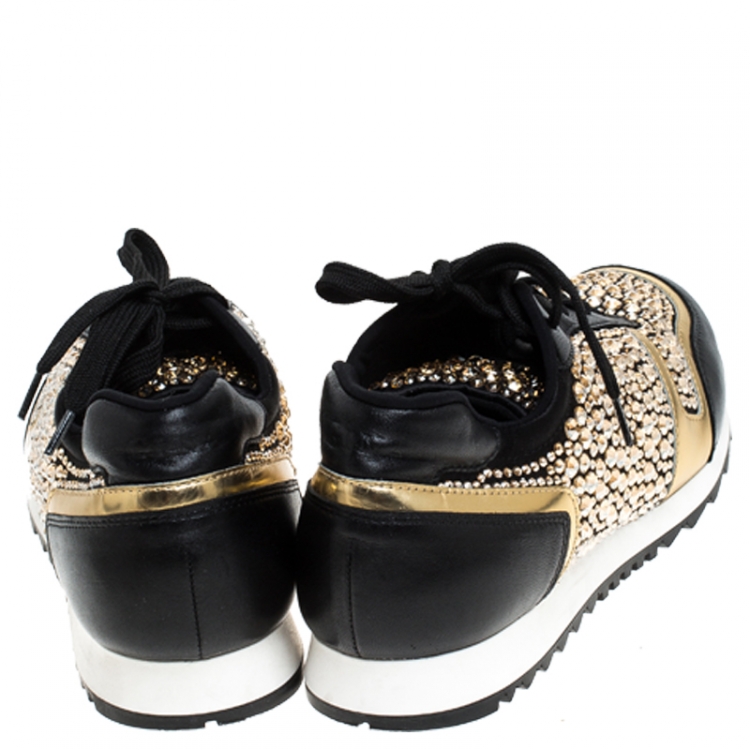 Pre Owned Gina Black Leather/Satin Luminosa Swarovski Sneakers Size 41