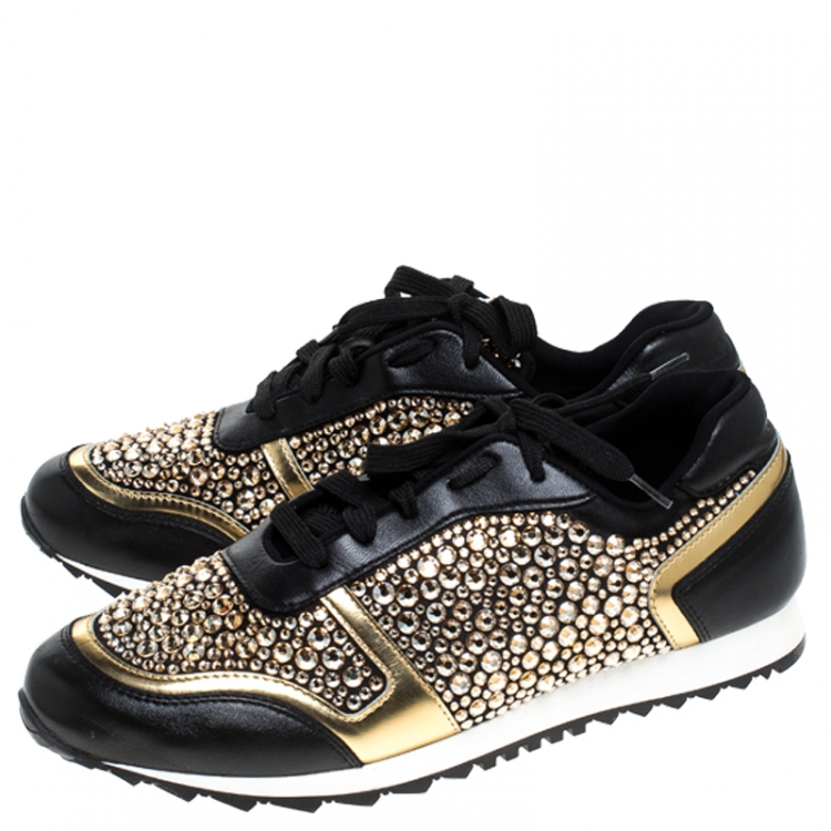 Pre Owned Gina Black Leather/Satin Luminosa Swarovski Sneakers Size 41