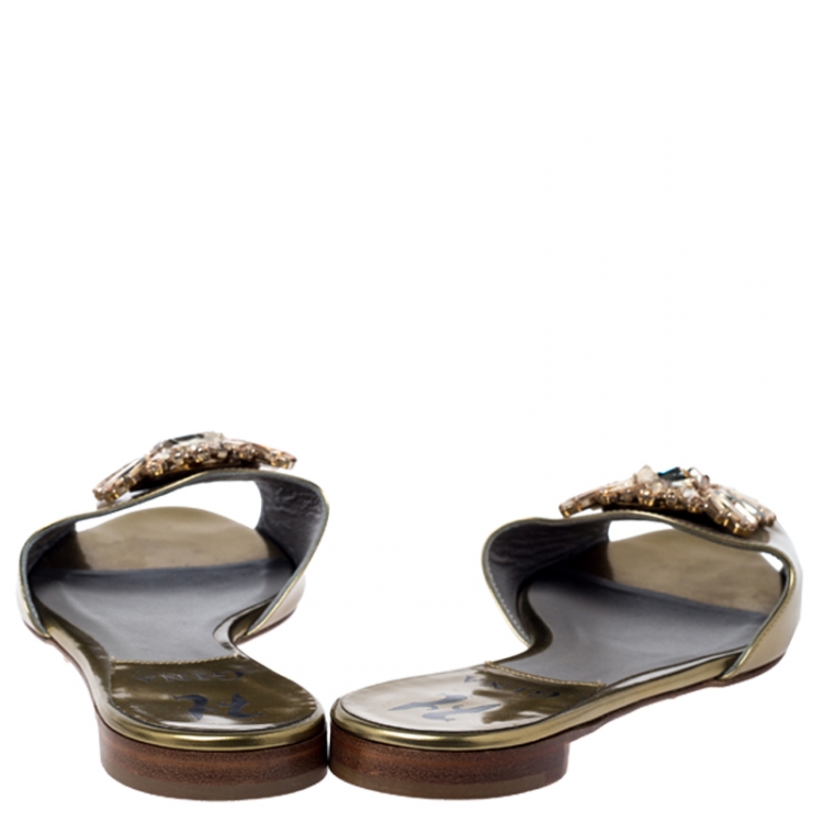 Pre Owned Gina Metallic Gold Crystal Embellished Flat Slides Size 37.5