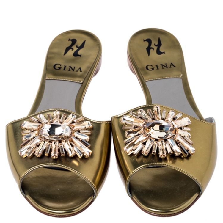 Pre Owned Gina Metallic Gold Crystal Embellished Flat Slides Size 37.5