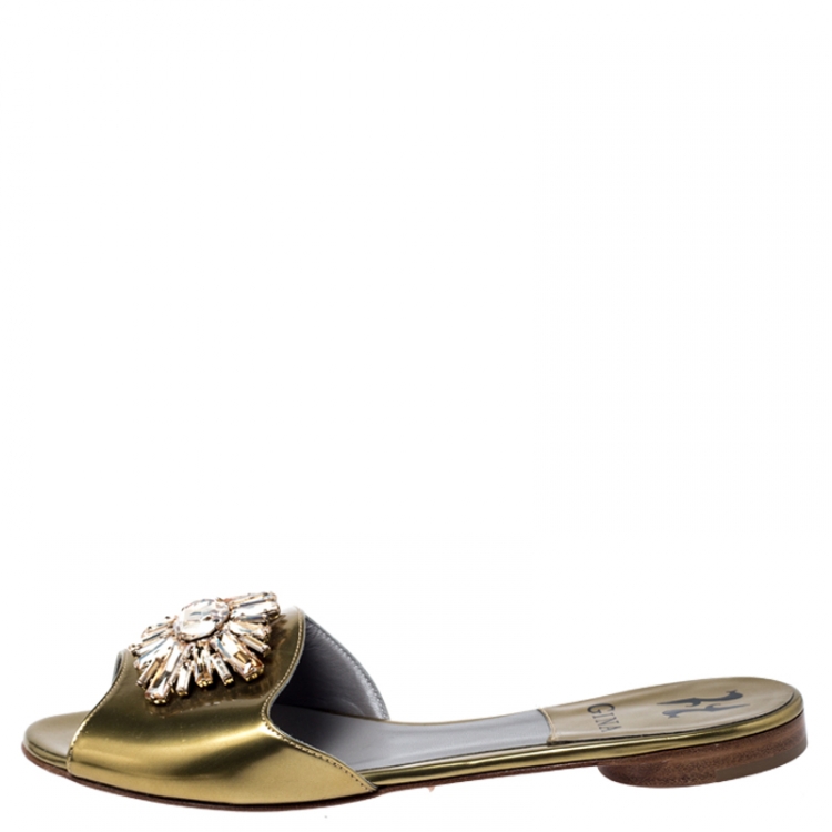 Pre Owned Gina Metallic Gold Crystal Embellished Flat Slides Size 37.5