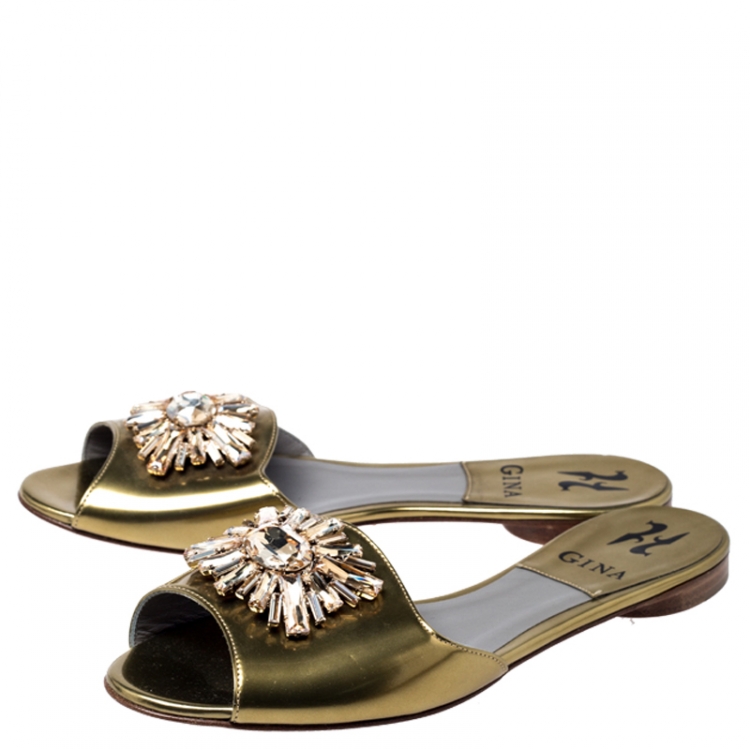 Pre Owned Gina Metallic Gold Crystal Embellished Flat Slides Size 37.5