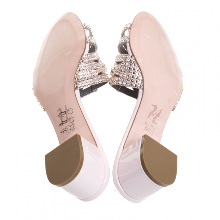 Pre Owned Gina Pink Patent Leather Crystal Embellished Slip On Sandals Size 40.5