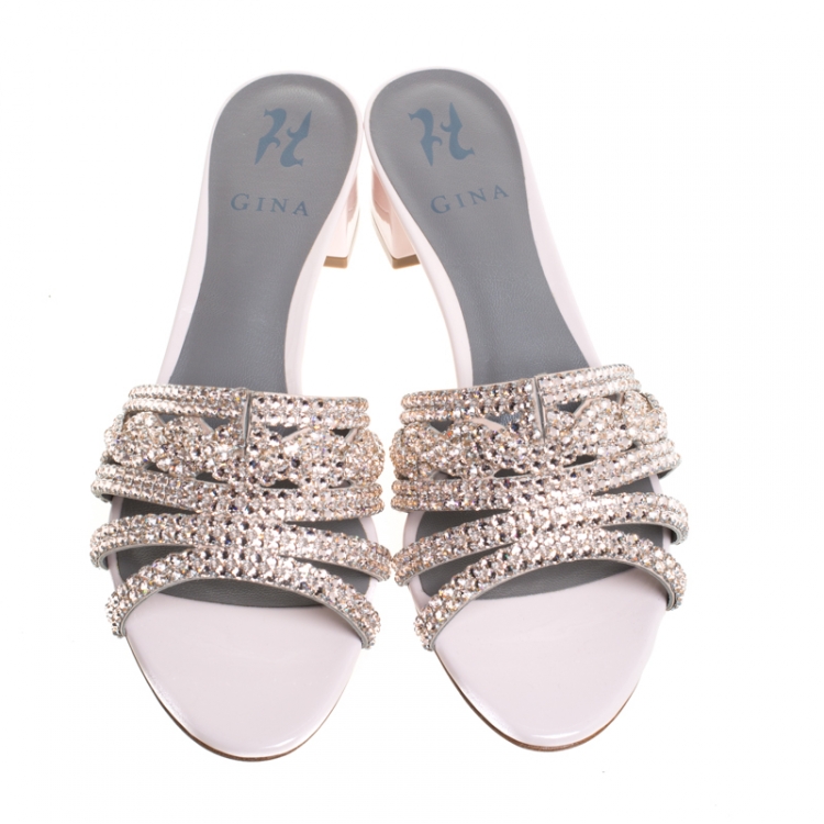 Pre Owned Gina Pink Patent Leather Crystal Embellished Slip On Sandals Size 40.5