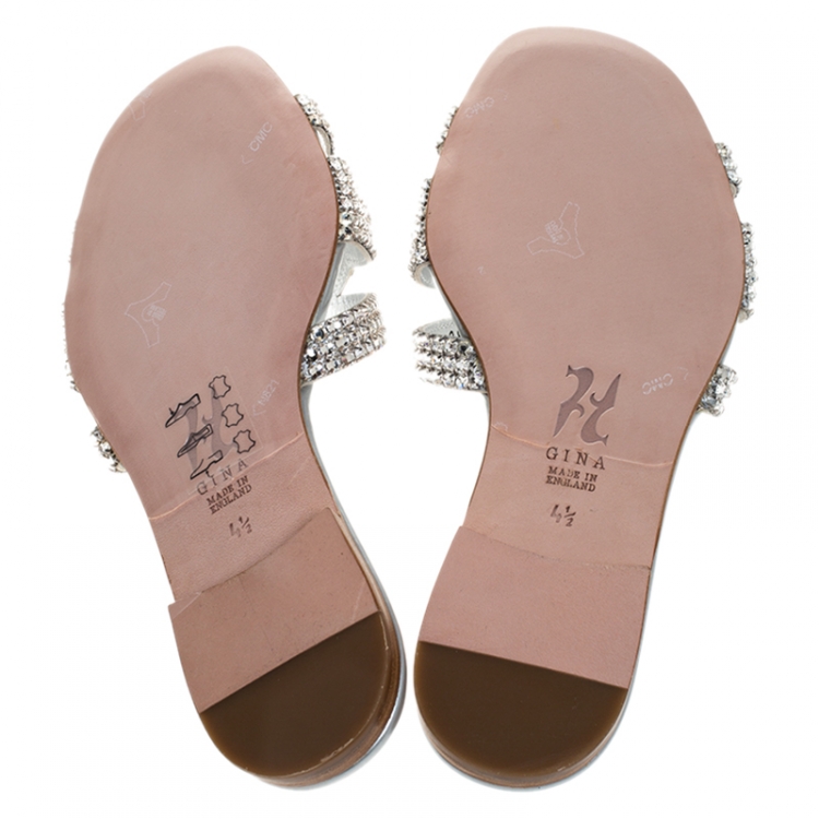 Pre Owned Gina Silver Crystal Embellished Leather Flat Slides Size 37.5