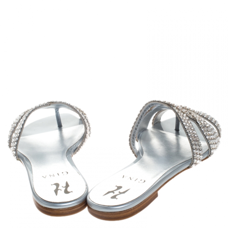 Pre Owned Gina Silver Crystal Embellished Leather Flat Slides Size 37.5