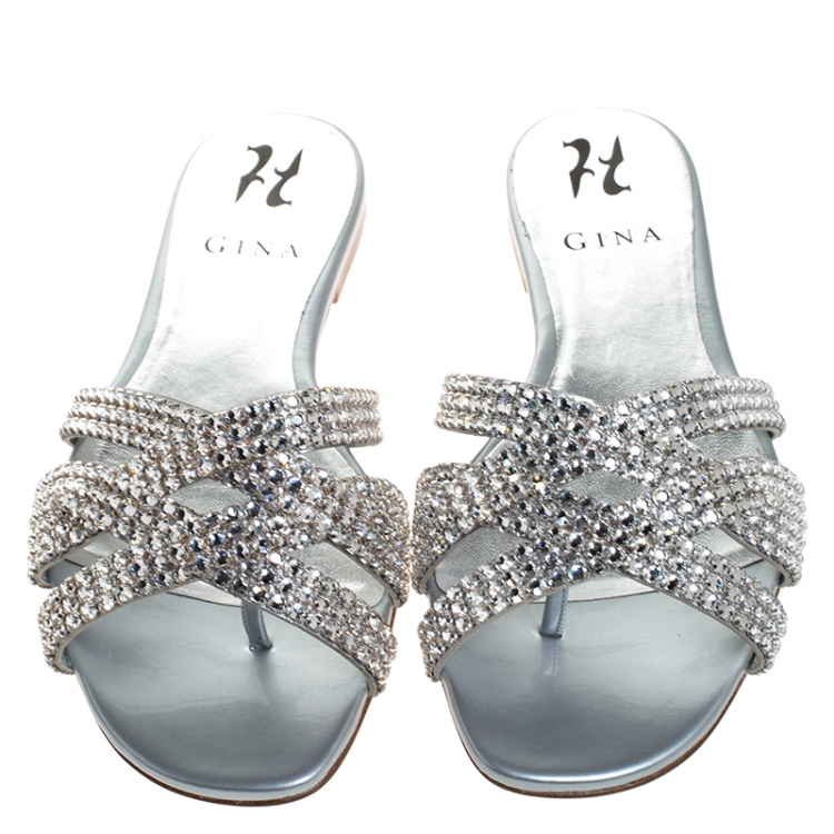 Pre Owned Gina Silver Crystal Embellished Leather Flat Slides Size 37.5