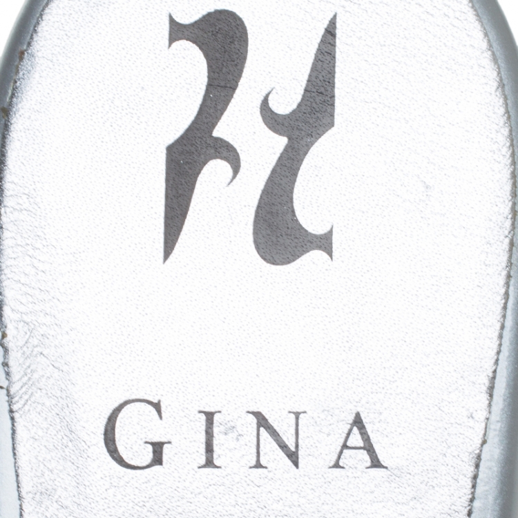 Pre Owned Gina Silver Crystal Embellished Leather Flat Slides Size 37.5