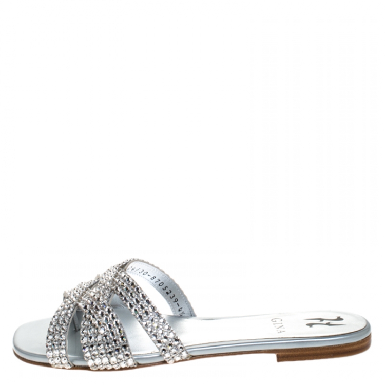 Pre Owned Gina Silver Crystal Embellished Leather Flat Slides Size 37.5