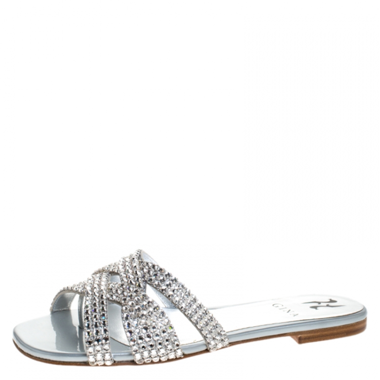 Pre Owned Gina Silver Crystal Embellished Leather Flat Slides Size 37.5