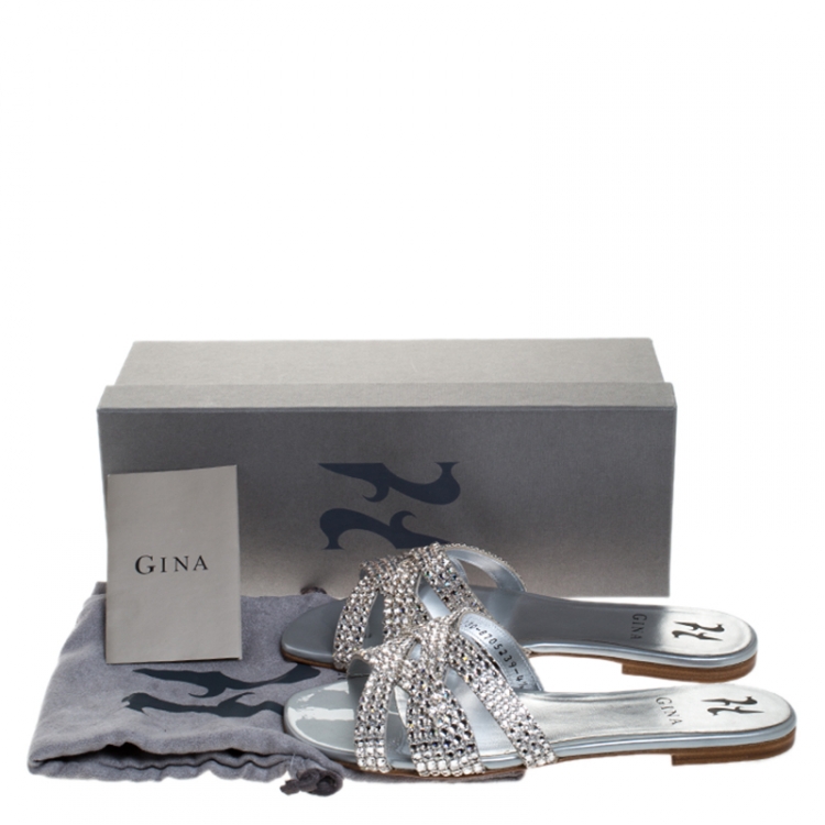 Pre Owned Gina Silver Crystal Embellished Leather Flat Slides Size 37.5