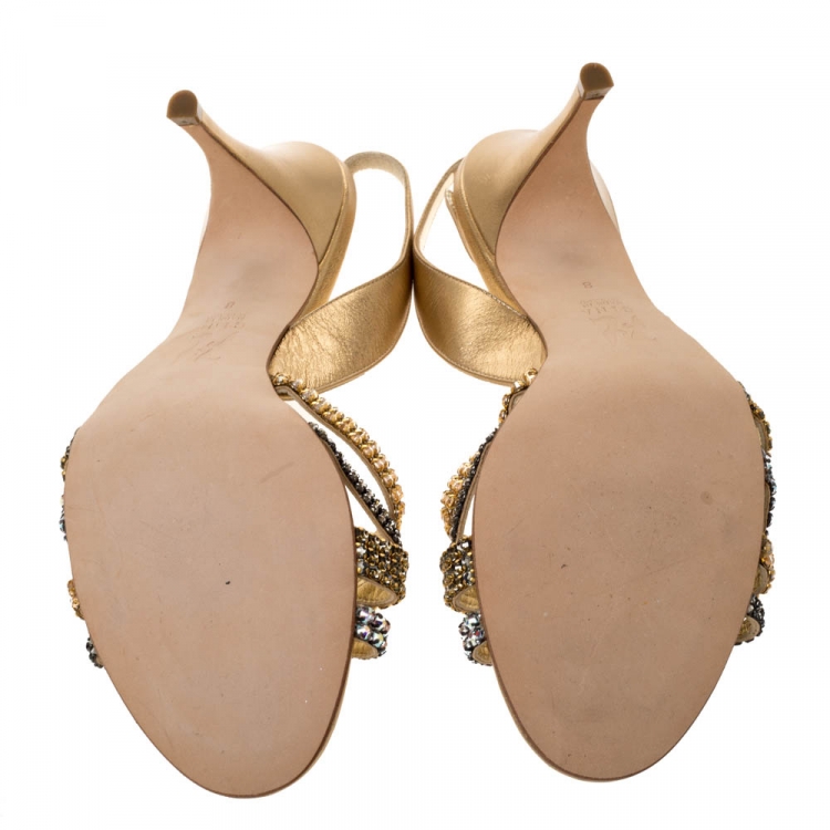 Pre Owned Gina Metallic Gold Leather Crystal Embellished Slingback Sandals Size 41