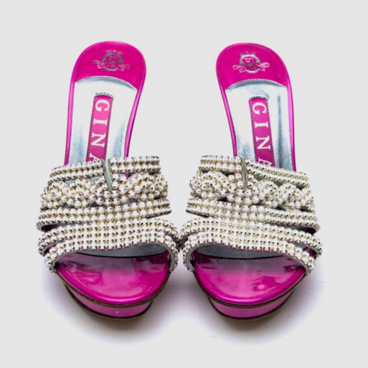 Pre Owned Gina Pink Embellished 'Dido' High Heel Slides Size 37.5