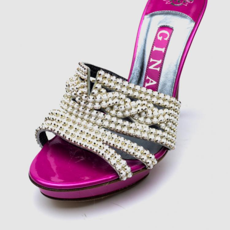 Pre Owned Gina Pink Embellished 'Dido' High Heel Slides Size 37.5